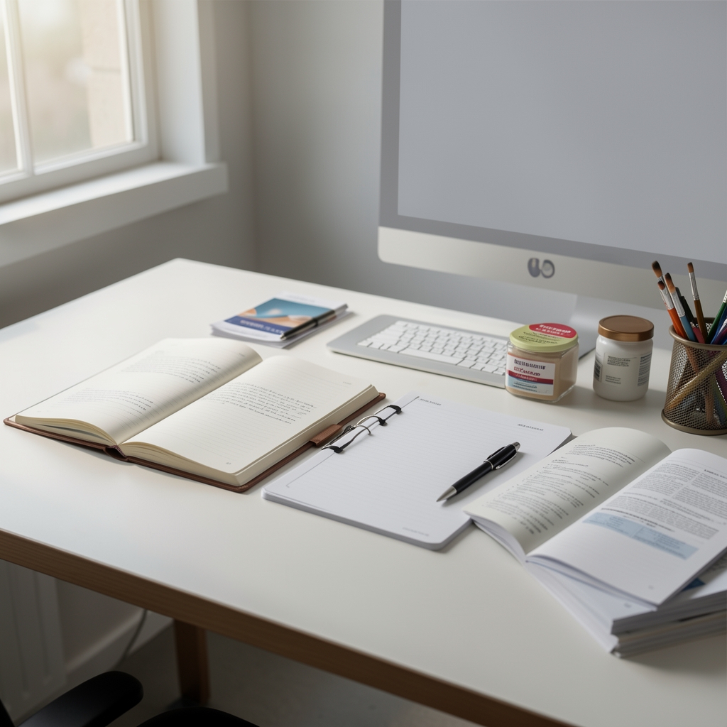 Editorial workspace with open notebooks and supplement reference materials on a clean desk, morning studio composition