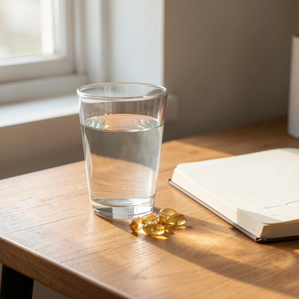 Glass of water and vitamin D portions resting on a morning desk beside a notebook, natural light from window