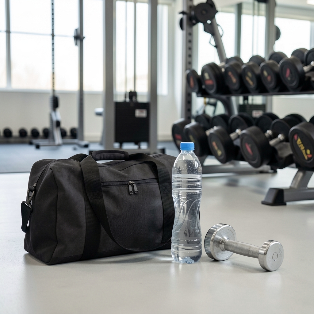 Gym bag and water bottle beside a resistance training area, weights visible on a clean surface, editorial composition, natural light