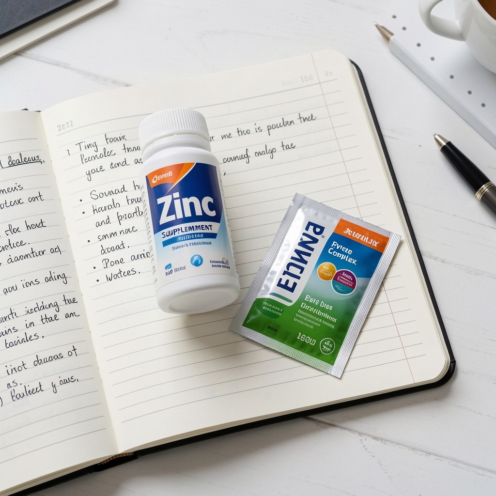 Zinc supplement bottle and B-vitamin complex packet resting on an open notebook with handwritten notes, editorial flat lay, natural daylight