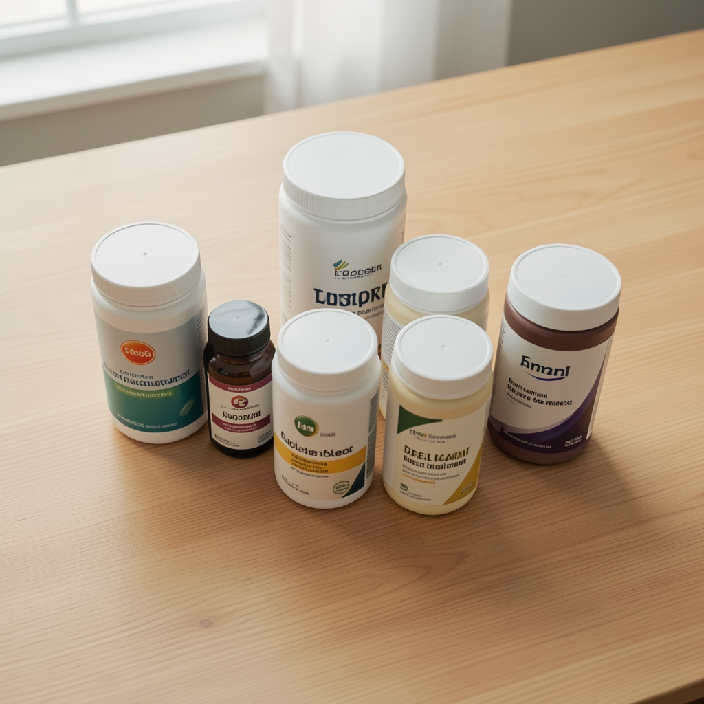 Supplement containers arranged on a clean wooden desk, editorial overhead composition, natural light