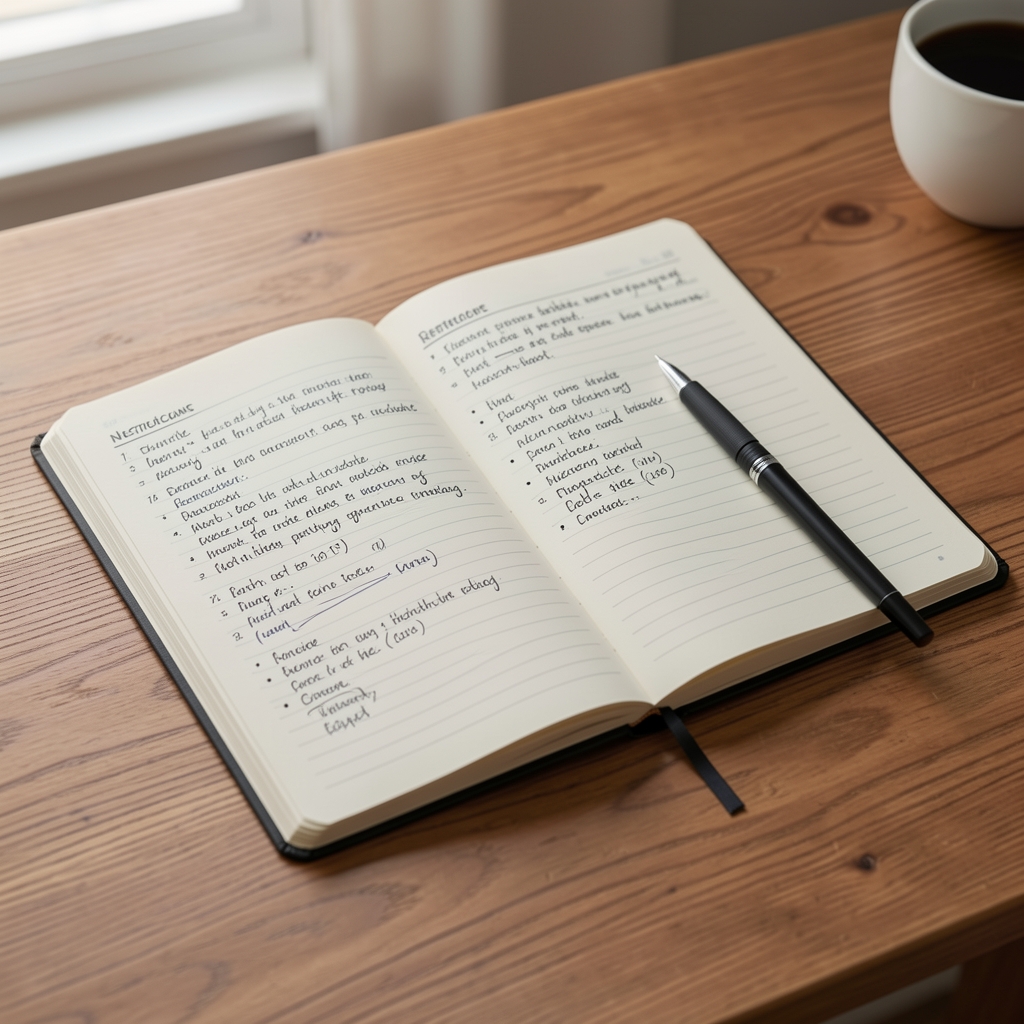 Open notebook with nutritional research notes and a pen resting on a wooden desk, editorial documentation composition, soft daylight